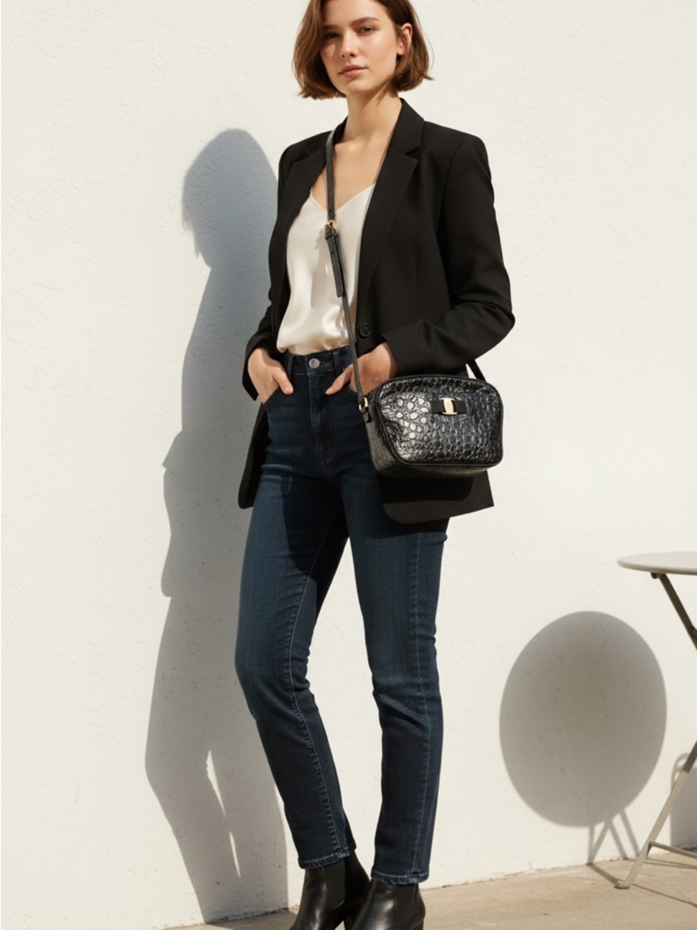 Vintage Salvatore Ferragamo Vala Black Croc-Textured Leather Crossbody Bag